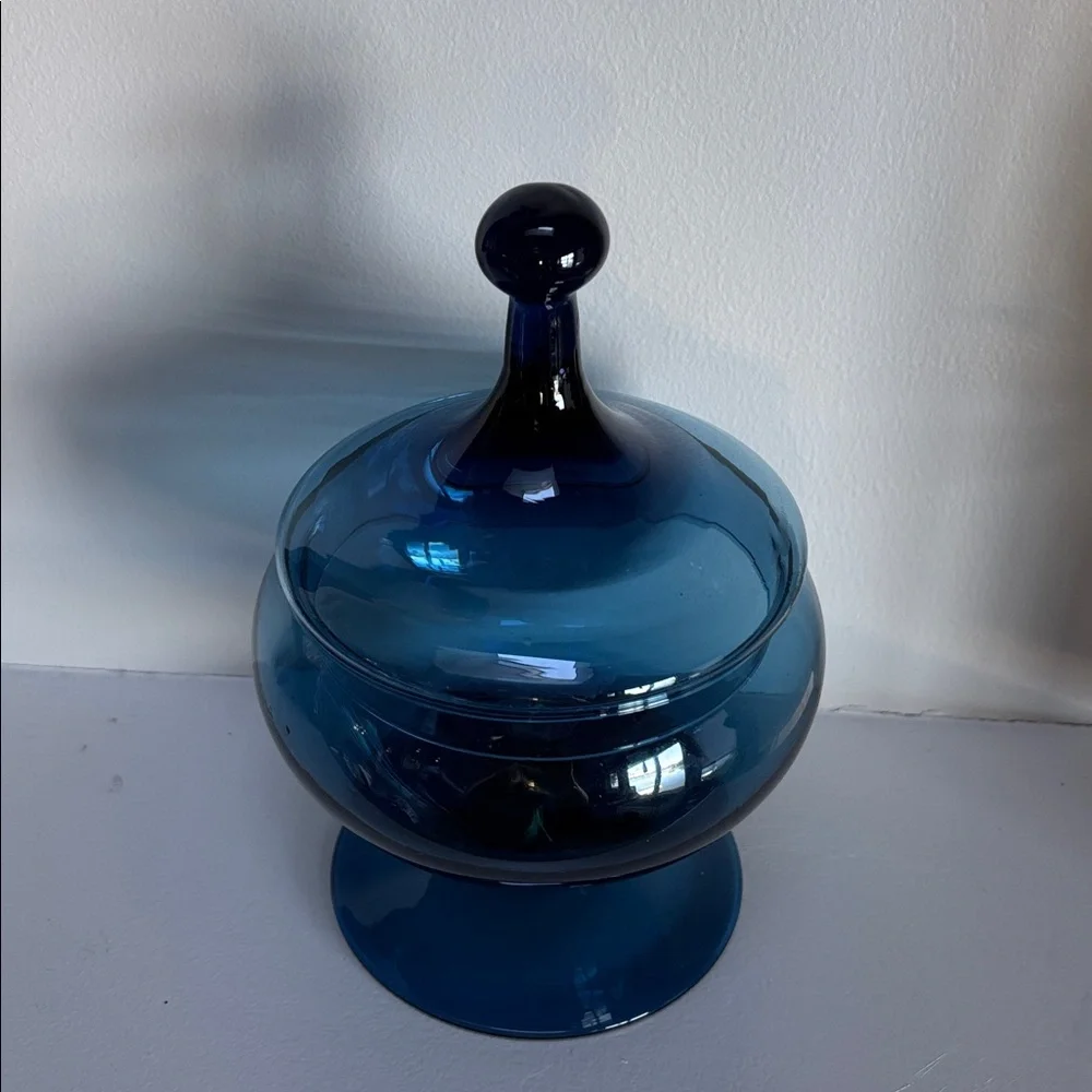 Vintage Cobalt Blue Italian Empoli Apothecary Jar Circus Tent Lid Footed Base
